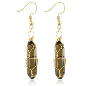 Gold Transparent Brown Earrings / Wire-Wound Hexagon Prism Earrings