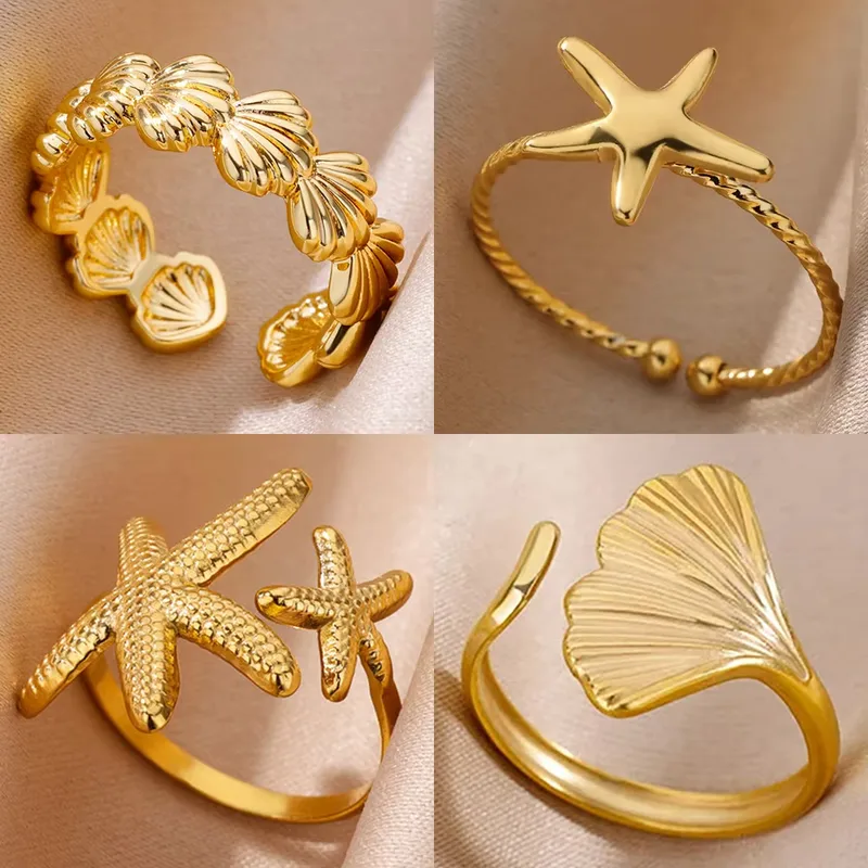 Wholesale Starfish Ring For Women, Three-dimensional Design In 304 Stainless Steel With 18K Real Gold Plated PVD Coating 0.03µm
