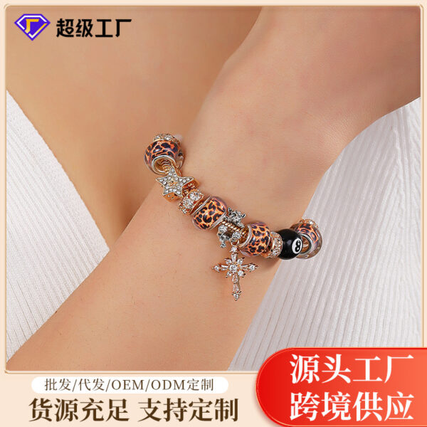Wholesale Cross-border New Leopard Cross Stainless Steel Bracelet Zircon Adjustable Beaded Lobster Buckle Bracelet Premium Sense
