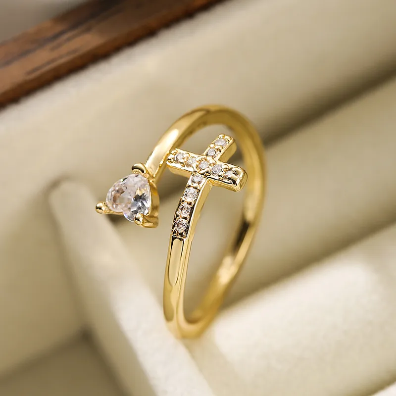 Wholesale Copper Cross Infinity Heart Shape Electroplating Zircon 18K Real Gold Plated Simple Style Plating Inlay Gold Open Ring