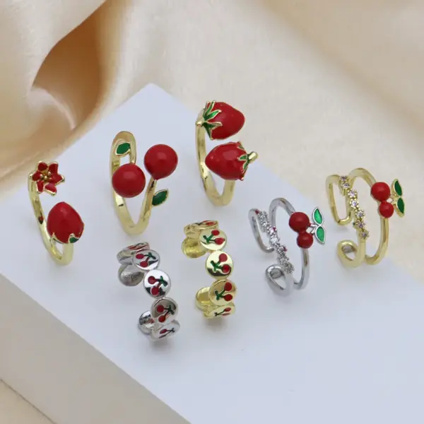 Wholesale Jewelry Cute Lady Cherry Copper 18K Gold Plated Enamel Open Rings