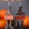 Wholesale Cross-border New Halloween Gothic Wind Witch Hat Boots BOO Triple Stitching Pendant Wooden Double-sided Earrings