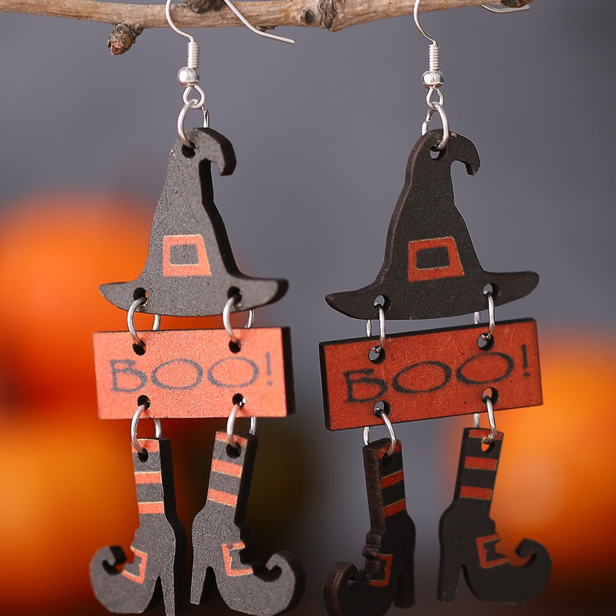 Wholesale Cross-border New Gothic Wind Witch Hat Boots BOO Triple ing Pendant Wooden Double-sided Earrings