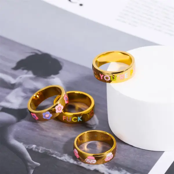 Cute Letter Flower Titanium Steel Enamel Rings