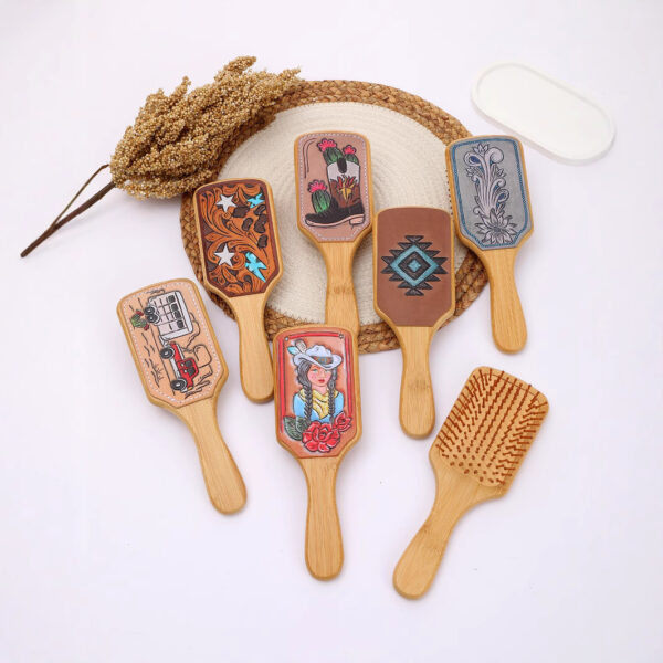 oly-4859d6019c30e3c2105d87816c278274 Wholesale Bamboo Real Leather Cow Retro Western Cowboy Style Air Cushion Comb Airbag Comb Meridian Massage Comb Hairdressing Comb