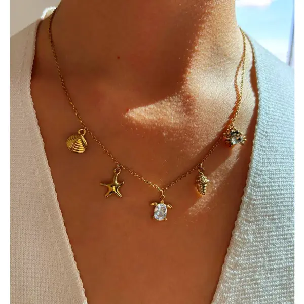 304 Stainless Steel Tortoise Starfish Shell PVD Coated Shell Real Gold Plated Nordic Style Marine Style Beach Waterproof Non Tarnish Surgical Steel Cuban Link Chain Curb Chain Lobster Trigger Clasp Closure Gold Pendant Necklace