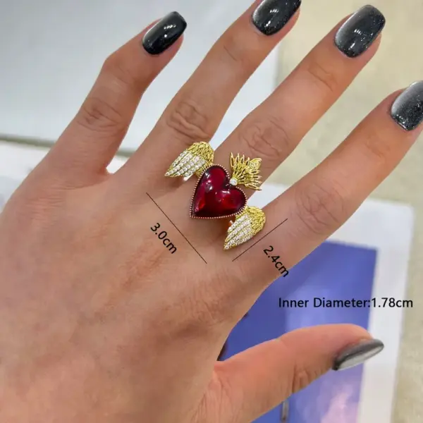 Wholesale Brass 18K Gold Plated Heart Shape Wings Zircon Adjustable Ring