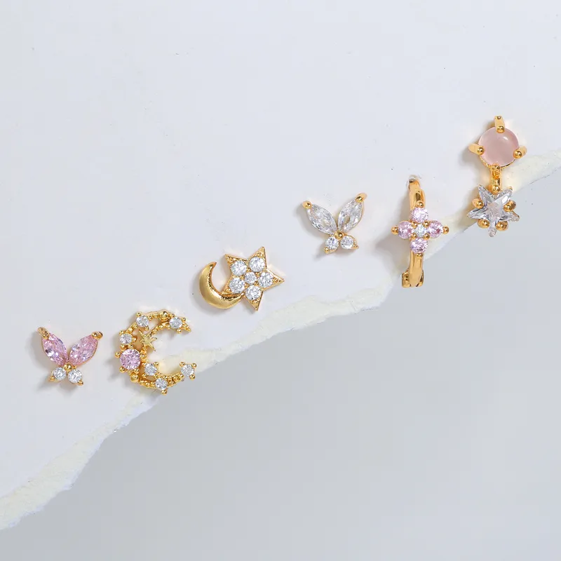 Wholesale Fashion Pentagram Moon Flower Copper Inlay Zircon Earrings 6 Pieces