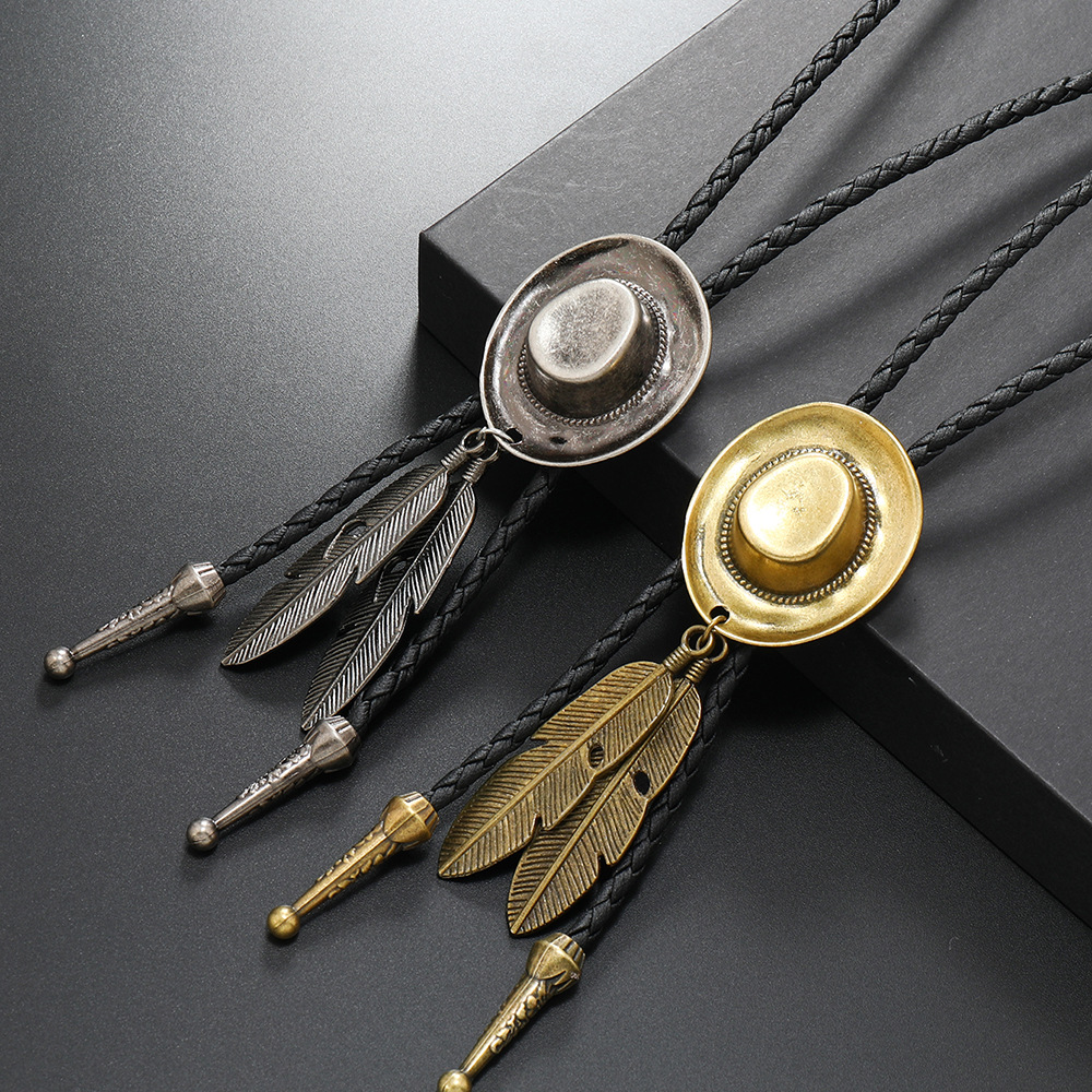 Wholesale European and American Retro Simple Punk Style Western Cowboy Hat Feather Alloy Pu lo Collar Necklace Men's Long Necklace