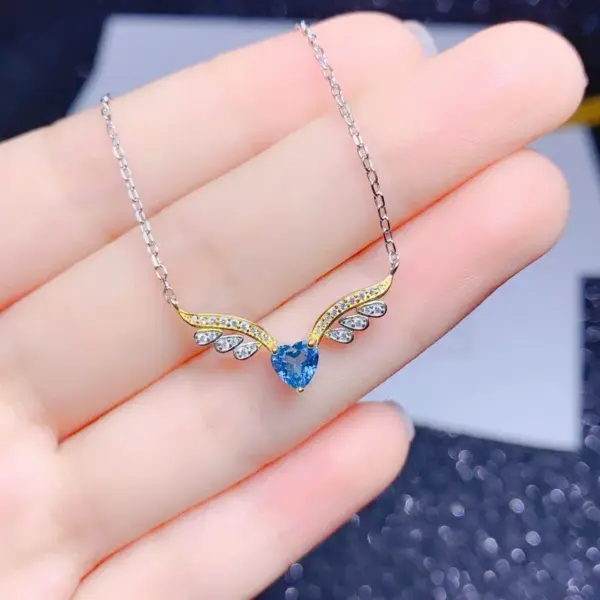 Wholesale New Angel Wing Necklace Heart-shaped Blue Topaz Color Ring Pendant Copper Set