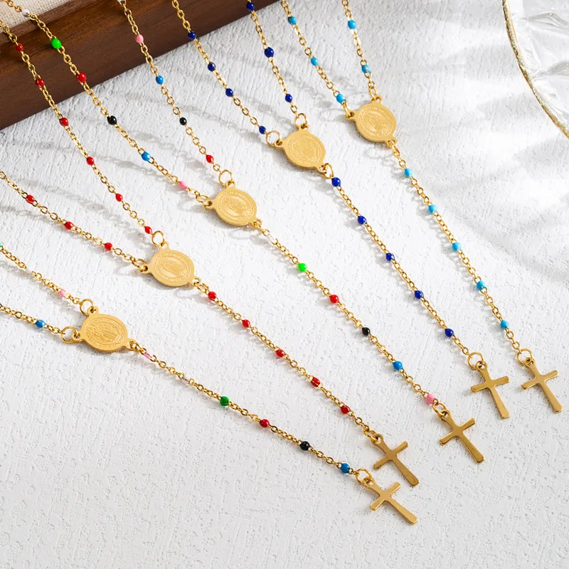 Wholesale Elegant Classical Cross Virgin Mary Priest Stainless Steel Beaded Plating 18k Gold Plated Necklace