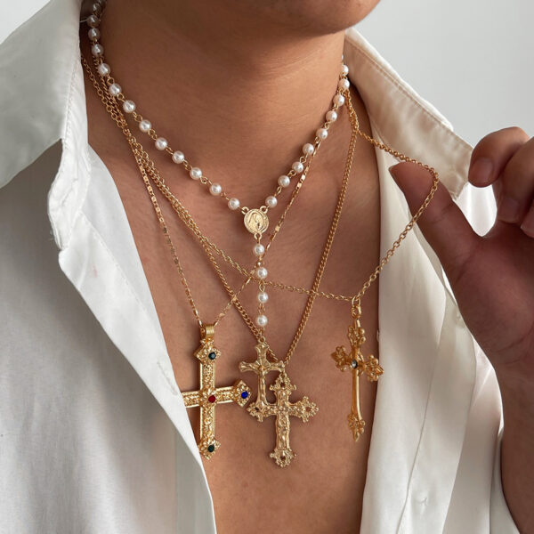 Wholesale European and American Cross-border Pendant Necklace Men's Trendy Hip-hop Niche Stitching Pearl Clavicle Chain Cross-border Men's Jewelry