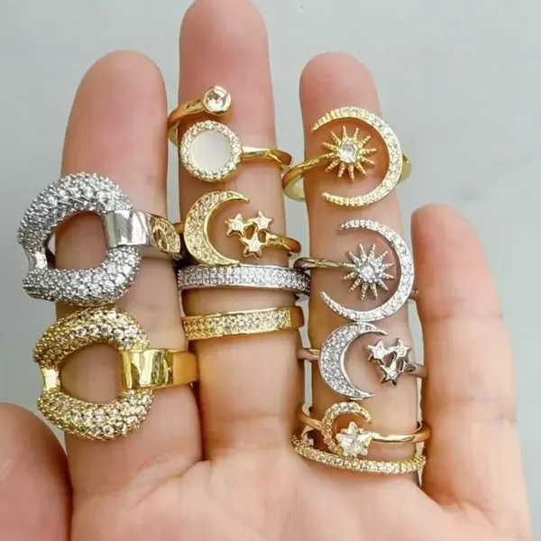 Wholesale Jewelry Elegant Vacation Simple Style Pentagram Sun Moon Copper Zircon 18K Gold Plated White Gold Plated Polishing Inlay Open Rings