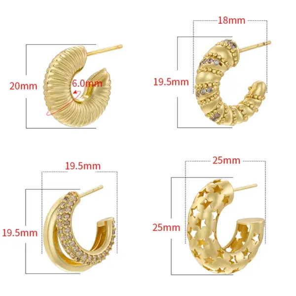 Wholesale 1 Pair Exaggerated Luxurious Shiny C Shape Star Side Stripe Plating Inlay Copper Zircon 18k Gold Plated Ear Studs