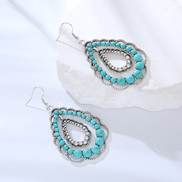Wholesale Cross-border new double-layer water drop hollow pendant inlaid turquoise earrings female personality retro high quality Party earrings