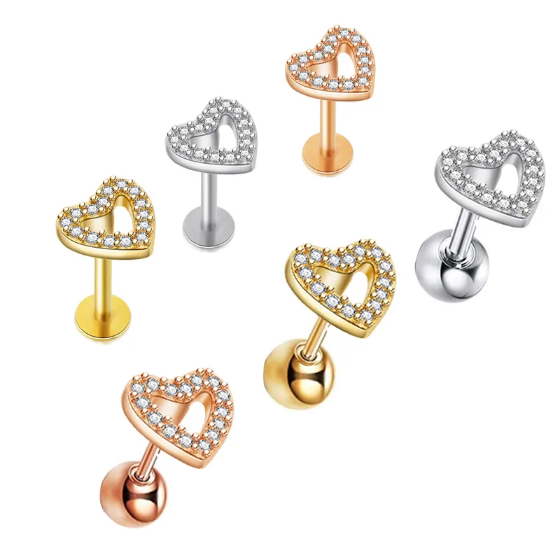 Wholesale Simple Style Heart Shape Stainless Steel Hollow Out Zircon Lip Stud Ear Studs 1 Piece