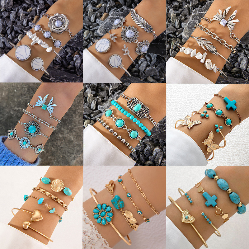 Wholesale Bohemian ethnic style inlaid turquoise bracelet suit personality exaerated butterfly turquoise bracelet multi-piece set