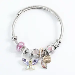 Wholesale Sweet Love Butterfly Titanium Steel Plating Artificial Crystal Artificial Pearls Bangle