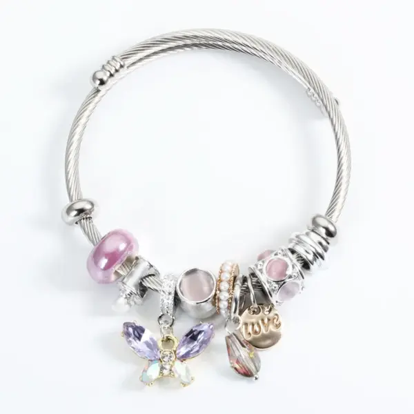 Wholesale Sweet Love Butterfly Titanium Steel Plating Artificial Crystal Artificial Pearls Bangle