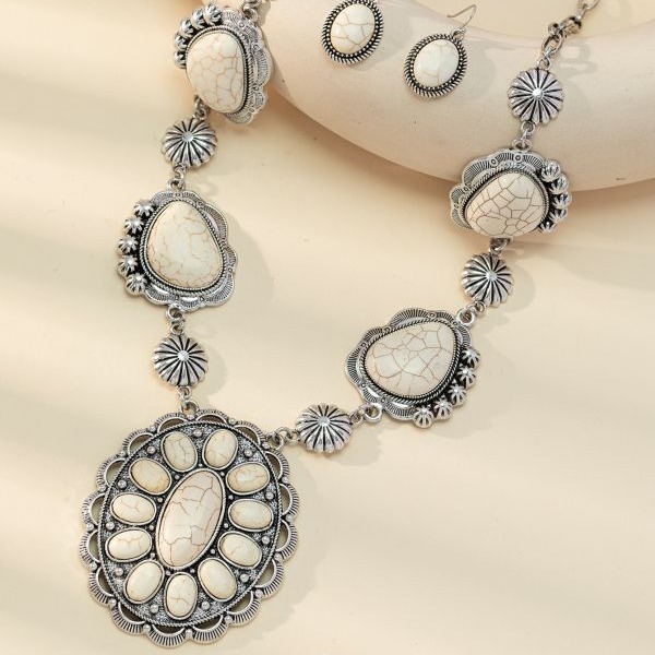 Wholesale Cross-Border Retro Left and Right Special-Shaped Necklace Turquoise Earrings Western Style Exaggerated Turquoise Necklace Earrings Jewelry Set