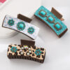 Wholesale Cross-border Ancient Silver Alloy Turquoise Accessories Western Style Clip Retro Leopard Print Sequin Leather Fashion Back Head Clip