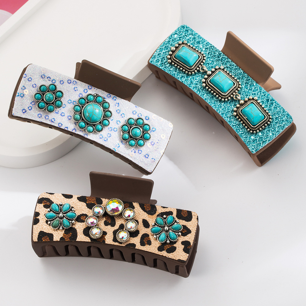 Wholesale Cross-border Ancient Sier Alloy Turquoise Aessories Western Style Clip Retro Leopard Print Sequin Leather Fashion Back Head Clip
