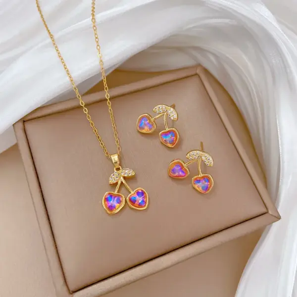 Wholesale Electroplating 18K Gold Golden Plated Cherry Titanium Steel Brass Elegant Classic Style Commute Jewelry Set