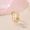Wholesale Elegant Pearl Flower Stainless Steel Open Ring Gold Plated Adjustable Band Casual Holiday Jewelry Accessory For Women