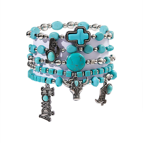 Wholesale European and American Cross-border Explosive Bracelet suit Fashion Personalized Niutou Turquoise Beaded Elastic Bracelet suit Jewelry