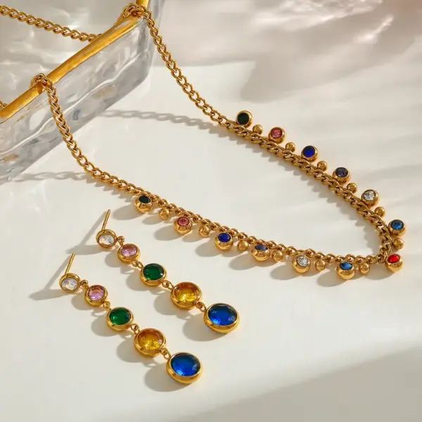 Wholesale Stainless Steel 18K Gold Plated Necklace And Earring Set With Multiple Pendants And Embedded Zirconia Stones For Women