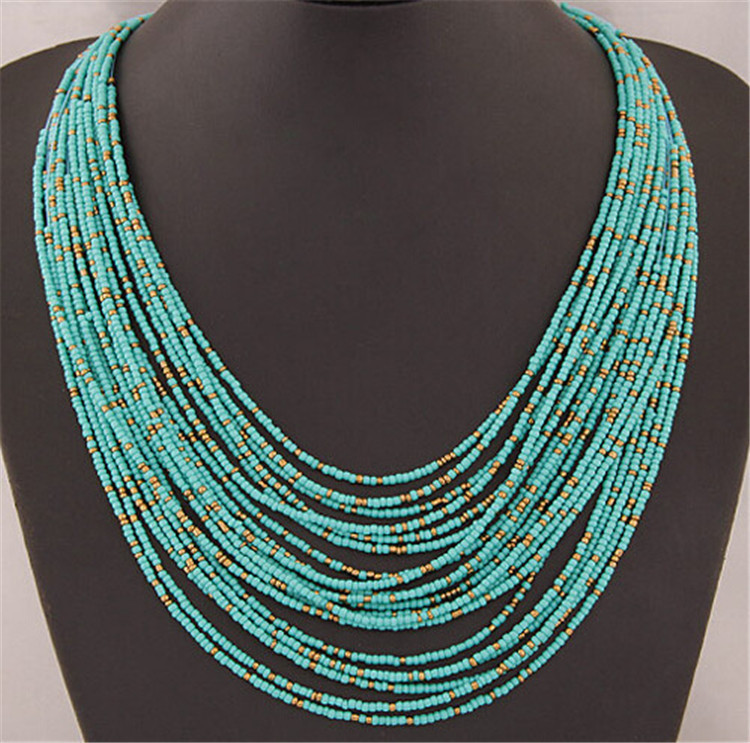Wholesale European and American Retro Rice Beads Exaerated Stylish Necklace Bohemian Water op New Multi-Layer Rice Beads Necklace