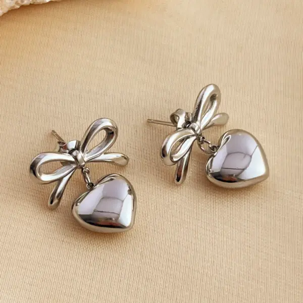 PVD Coated Real Gold Plated 18K Gold Heart Shape Bow Knot 304 Stainless Steel Elegant Glam Luxurious Waterproof Non Tarnish Dangling Earrings