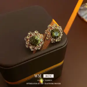 Gold Silver Needle-Vintage Green Earrings