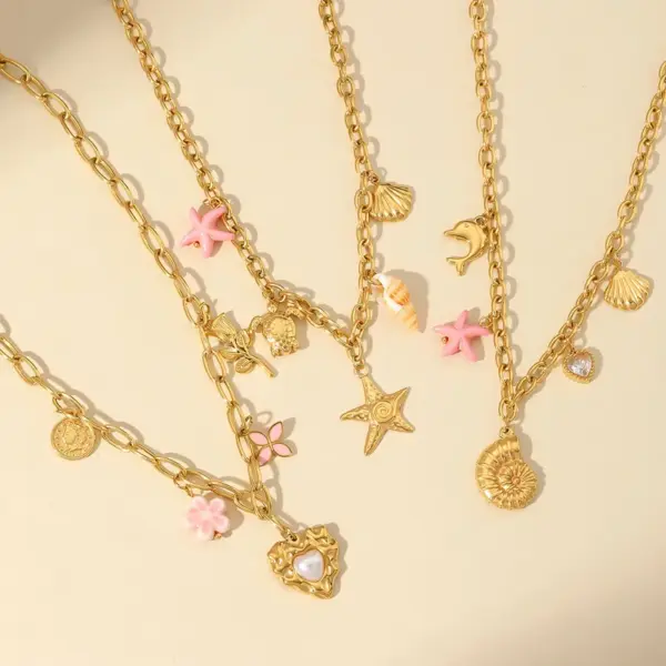 Ion Plating (IP) 18K Gold Plated Star Heart Shape Shell 304 Stainless Steel Sweet Pendant Necklace Multi Charms