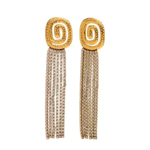 Full Rhinestone Tassel Stud Earrings-Gold