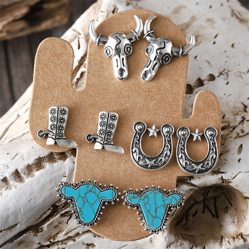 Wholesale Ox-head and horseshoe riding boots 4 pairs of earrings set