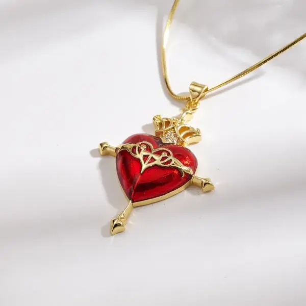 Hip-Hop INS Style Copper Color Retention Electroplated Gold Micro-Inlaid Zircon Colorful Oil Drop Cross Flower Light Heart Necklace
