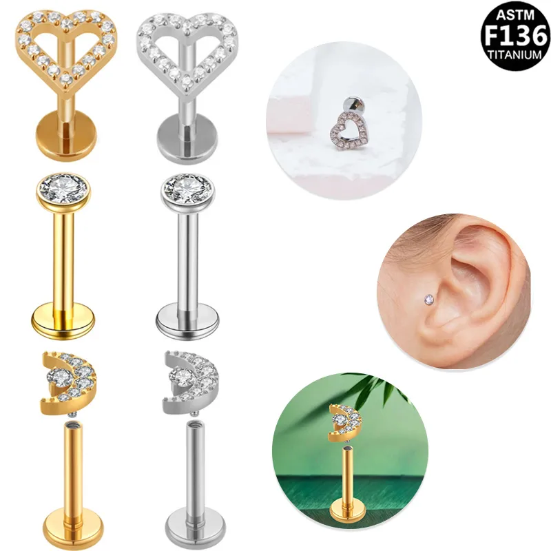Wholesale 1 Piece Ear Cartilage Rings & Studs Elegant Heart Shape Pure Titanium Titanium Alloy Plating Zircon 14K Gold Plated White Gold Plated Li