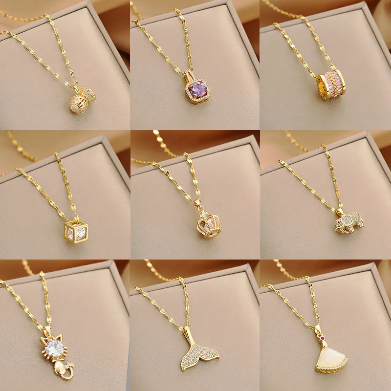 Wholesale Titanium Steel Copper Artificial Pearl Lady Plating Inlay Animal Flower Zircon Pendant Necklace