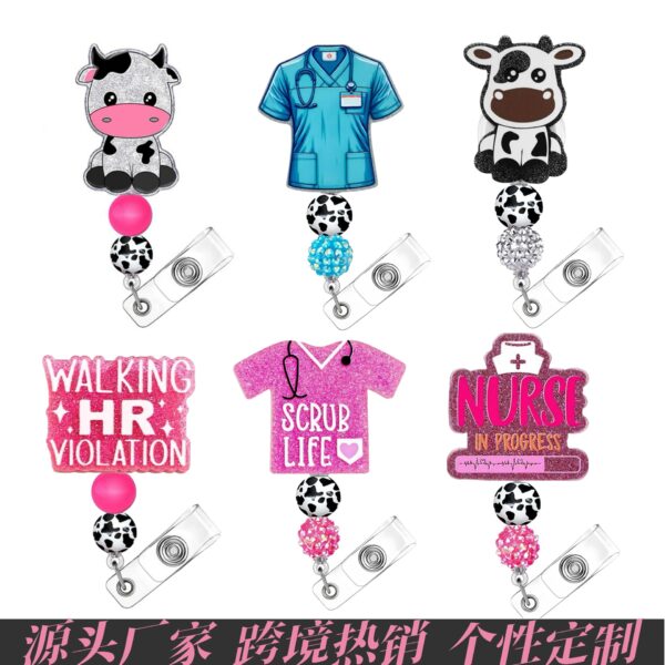 Wholesale Cross-border New Hot Sale Plastic Acrylic Beaded Chest Card ID Easy Pull Buckle Diy Glitter Stretchable Keychain