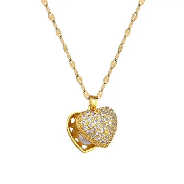 304 Stainless Steel Artificial Pearls Zircon Heart Shape Sweet Coffee Bean Chain Pendant Necklace For Women'S