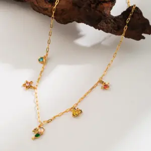 Wholesale Copper 14K Gold Plated Inlay Crown Mermaid Zircon Pendant Necklace