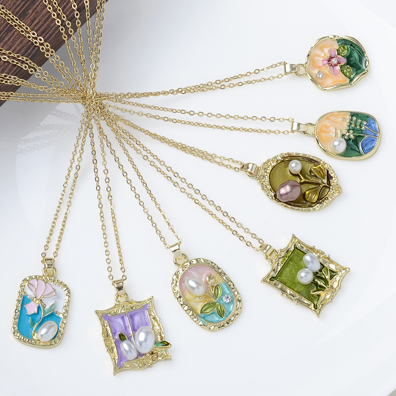 Wholesale Summer New Retro Oil Painting Style Monet Garden Necklace Light Luxury Baroque Pearl Flower Alloy Aessories Pendant