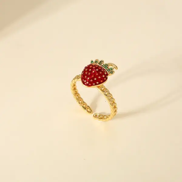 Wholesale Jewelry Cute Vintage Style Cherry Strawberry Brass Zircon 18K Gold Plated Open Rings