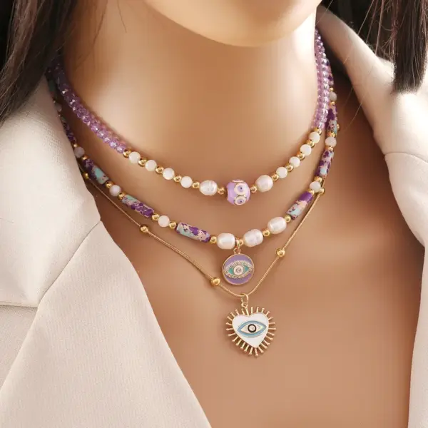 Wholesale Bohemian Heart Shape Eye Stainless Steel Natural Stone Beaded Plating 18K Gold Plated Necklace