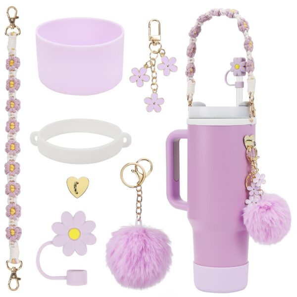 Wholesale Stanley Cup Color Straw Accessories Handmade Cup Chain Plush Love Flower Hanging Ornaments suit Peach Blossom Knot Woven Hand