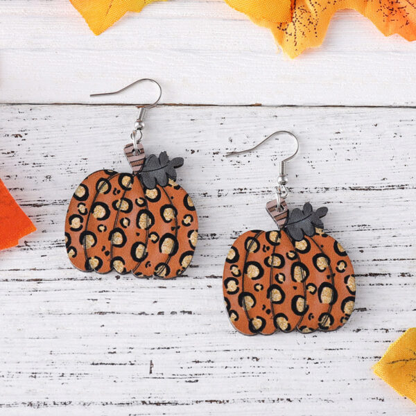 Wholesale Thanksgiving Leopard Print Pumpkin Pendant Wooden Double-Sided Earrings