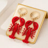 Wholesale 1 Pair of Marine Life Series Red Paint Lobster Metal Shell Earrings Women Wear