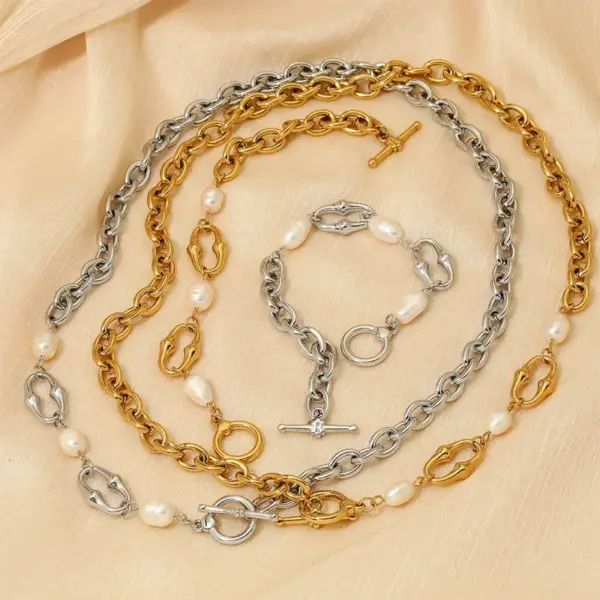 Wholesale PVD Coated Real Gold Plated 16K White Plating Solid Color 304 Stainless Steel Freshwater Pearl IG Style Simple Classic Waterproof Non Tarnish Bracelets Necklace
