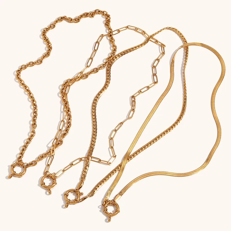 Wholesale PVD Coated Real Gold Plated 18K Geometric 304 Stainless Steel Simple Style Waterproof Non Tarnish Spring Ring Trier Clasp Closure Necklace